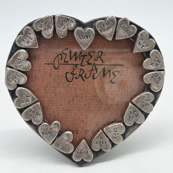 Heart Shaped Pewter Picture Photo Frame With Love Messages 3"x3" - Picture 1 of 8